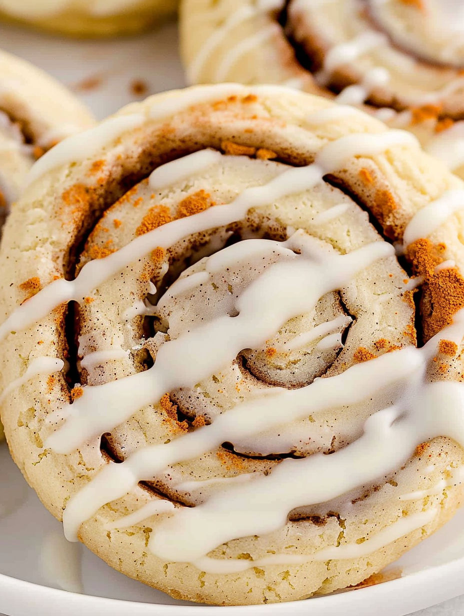 A cinnamon roll cookie with white frosting.