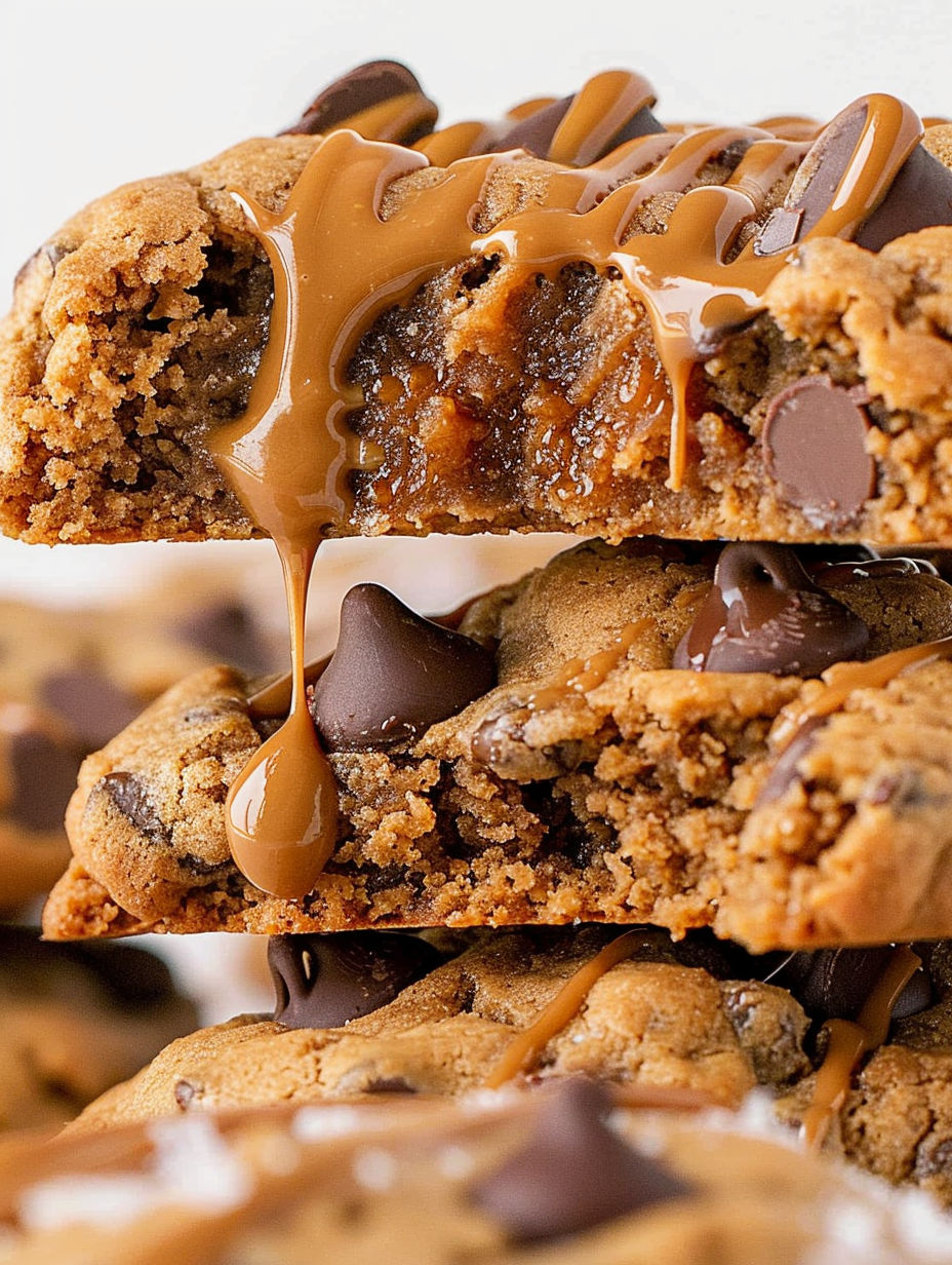 Chocolate chip biscotti cookies with caramel drizzle.