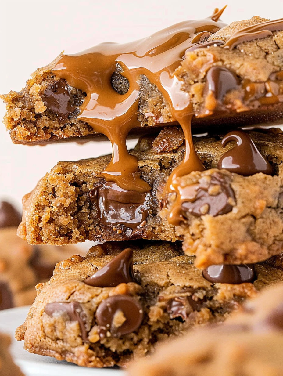 Chocolate chip biscoff cookies with caramel drizzle.