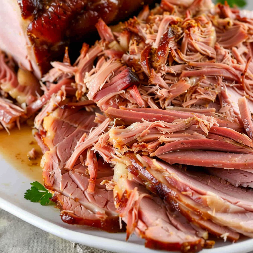 Pulled ham on a plate.