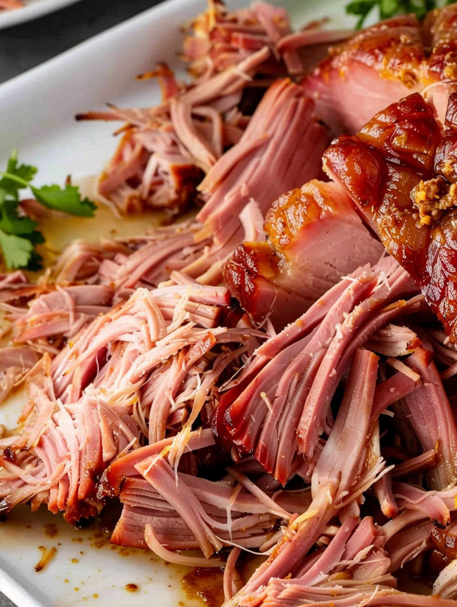 Pulled ham on a plate.