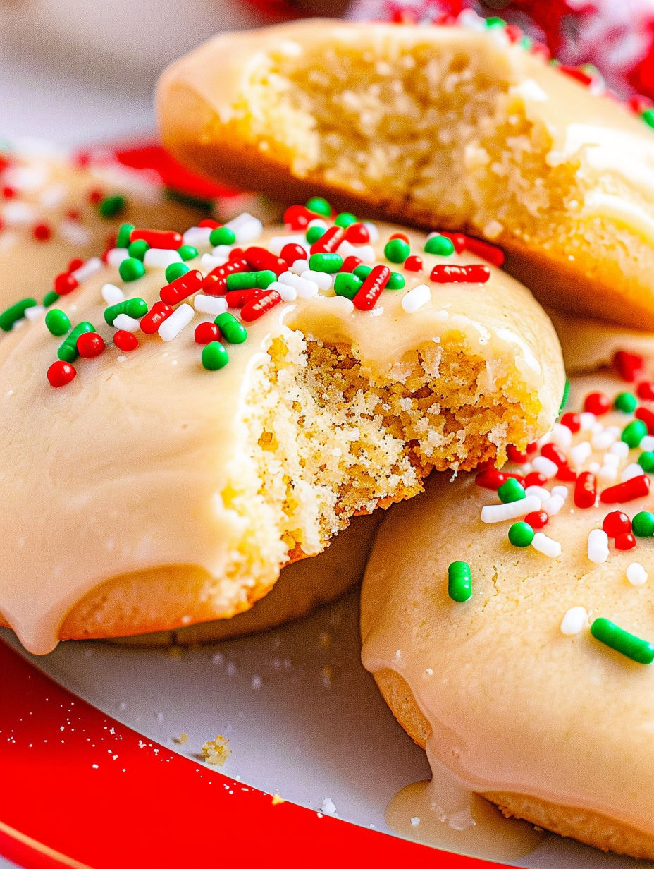 A plate of eggnog teacakes with a bite taken out of one.