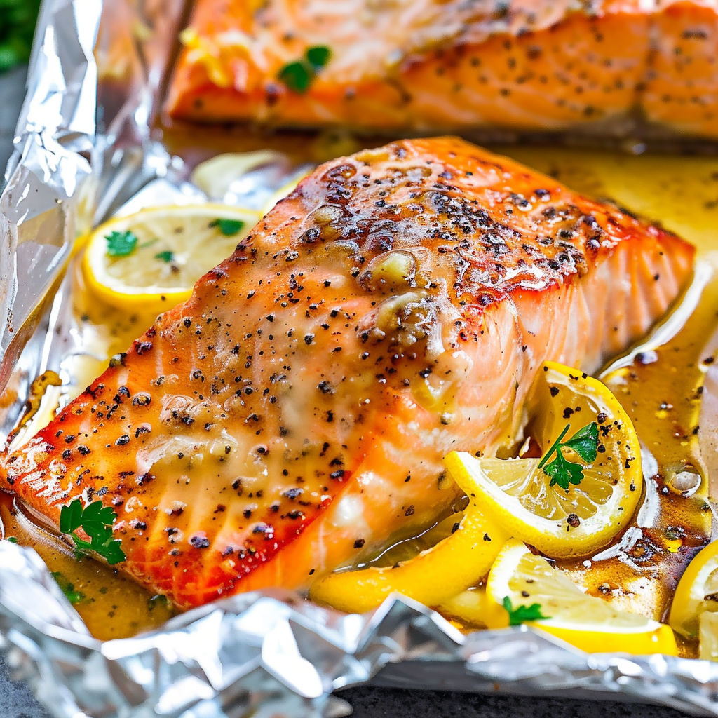 A piece of salmon with lemon and garlic butter on a sheet pan.