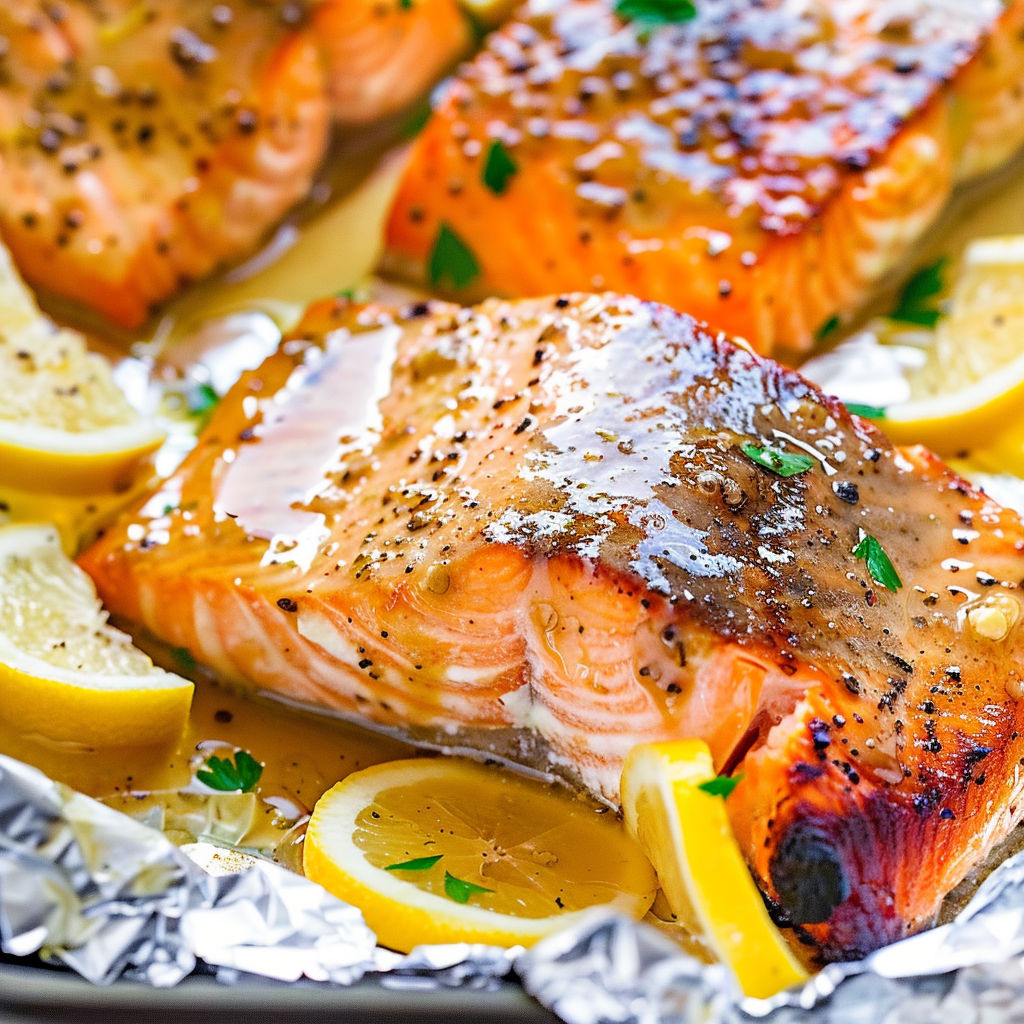 A pan of salmon with lemon and garlic butter.