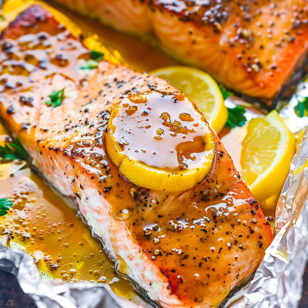 A piece of salmon with lemon and garlic butter on a sheet pan.