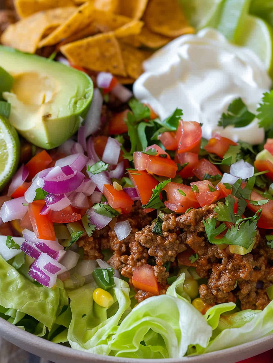 A taco salad with lettuce, tomatoes, and chips.