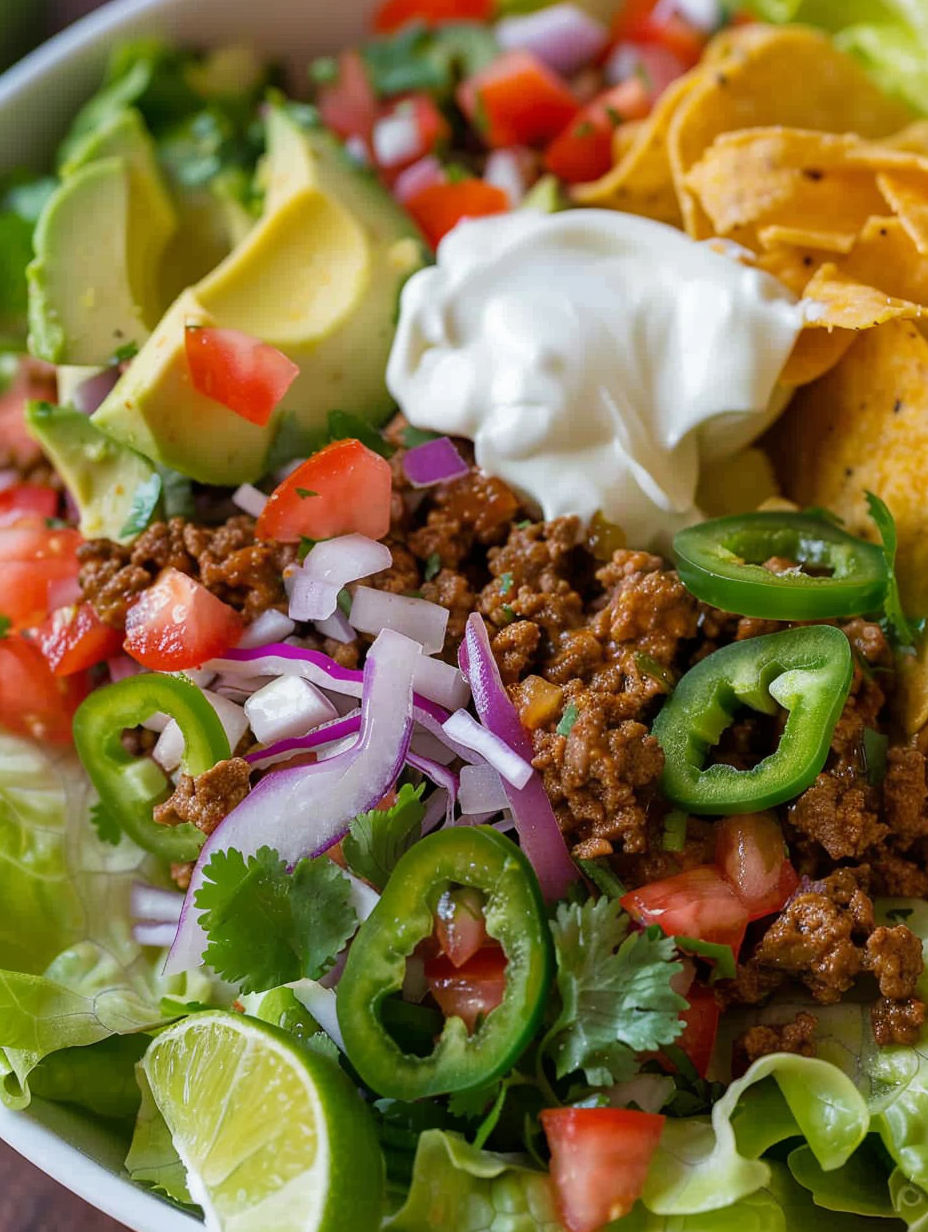 A taco salad with various toppings.
