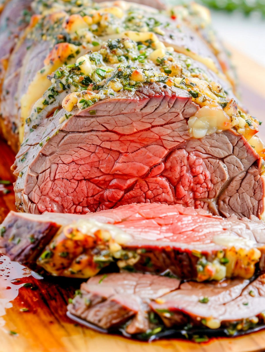 A beef tenderloin roast with garlic herb butter.