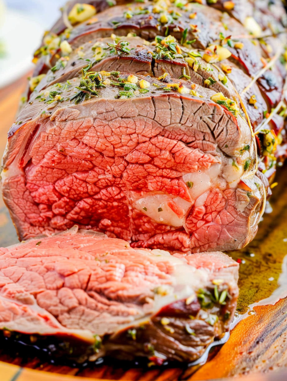 A roast of beef with garlic herb butter.