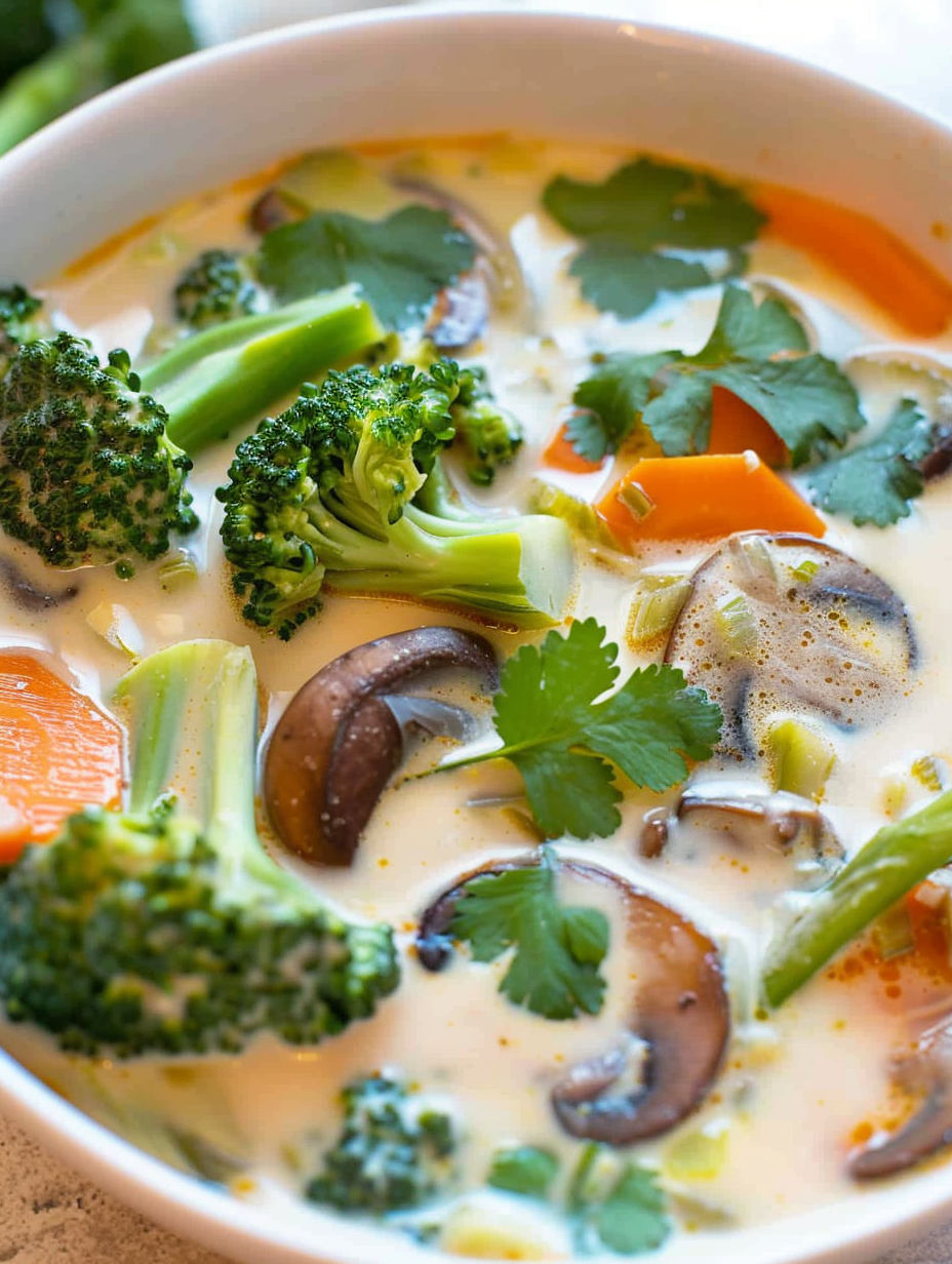 A bowl of soup with broccoli and mushrooms.