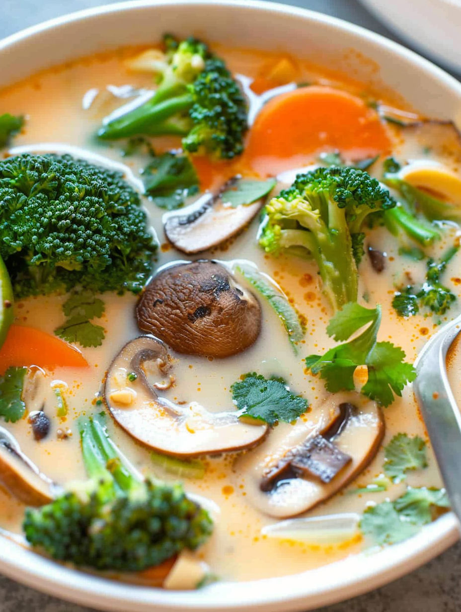 A bowl of soup with mushrooms and broccoli.