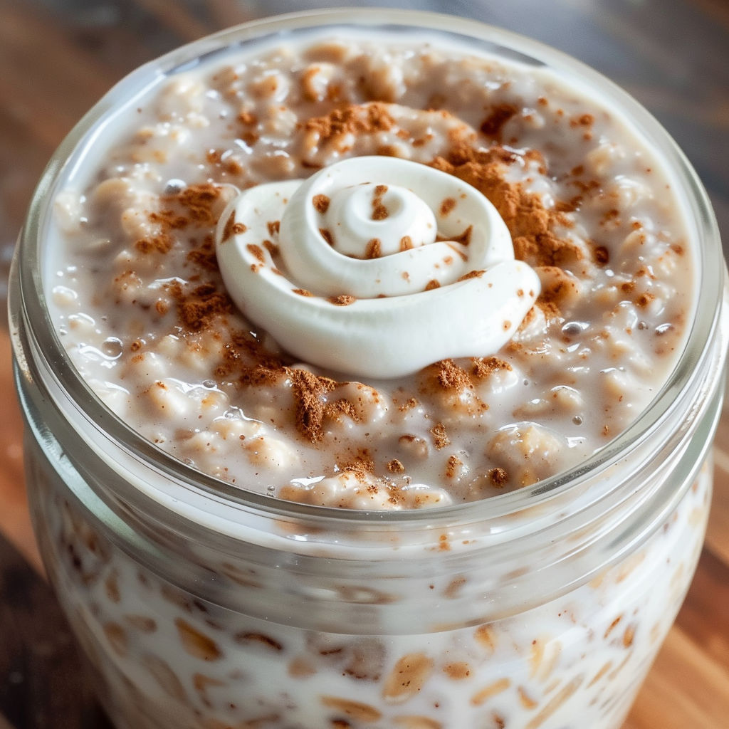 A glass jar of Zimtschnecken Overnight Oats.