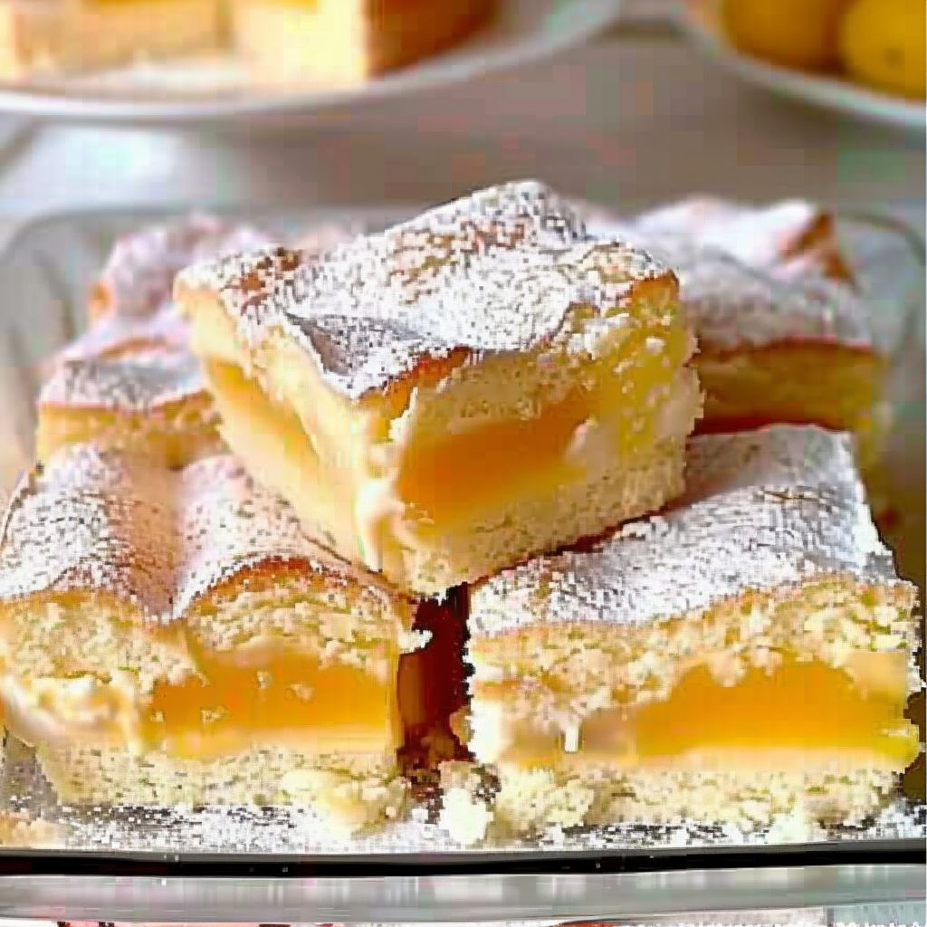 A plate of cake with powdered sugar on top.