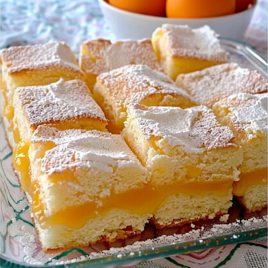 A plate of cake with powdered sugar on top.