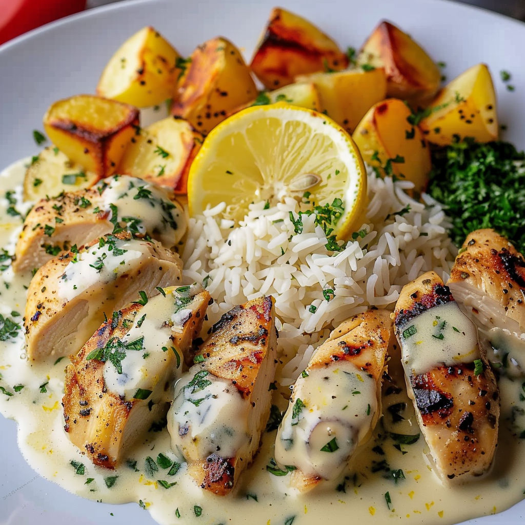 A plate of food with chicken, rice, and lemon wedges.