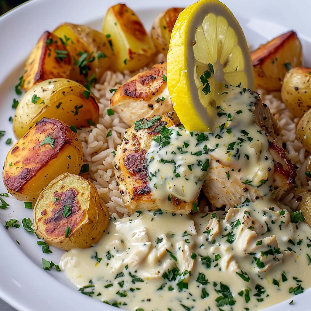 A plate of food with chicken, potatoes, rice, and lemon.