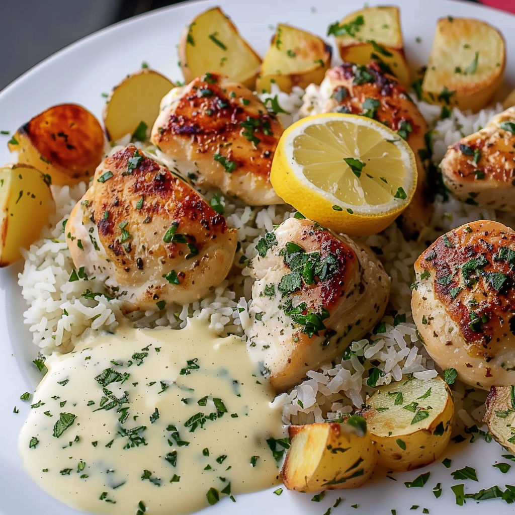 A plate of food with chicken, rice, and potatoes.