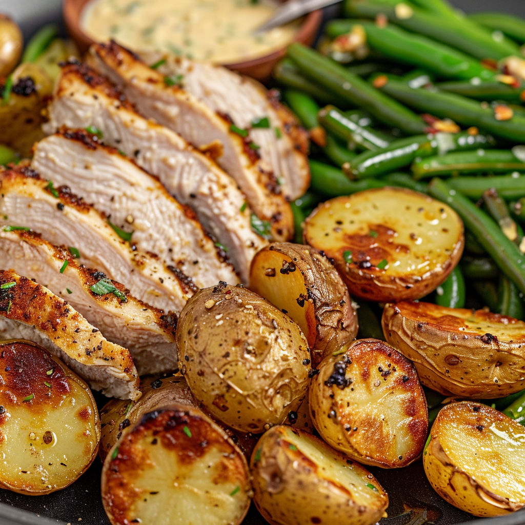 A plate of food with chicken and potatoes.