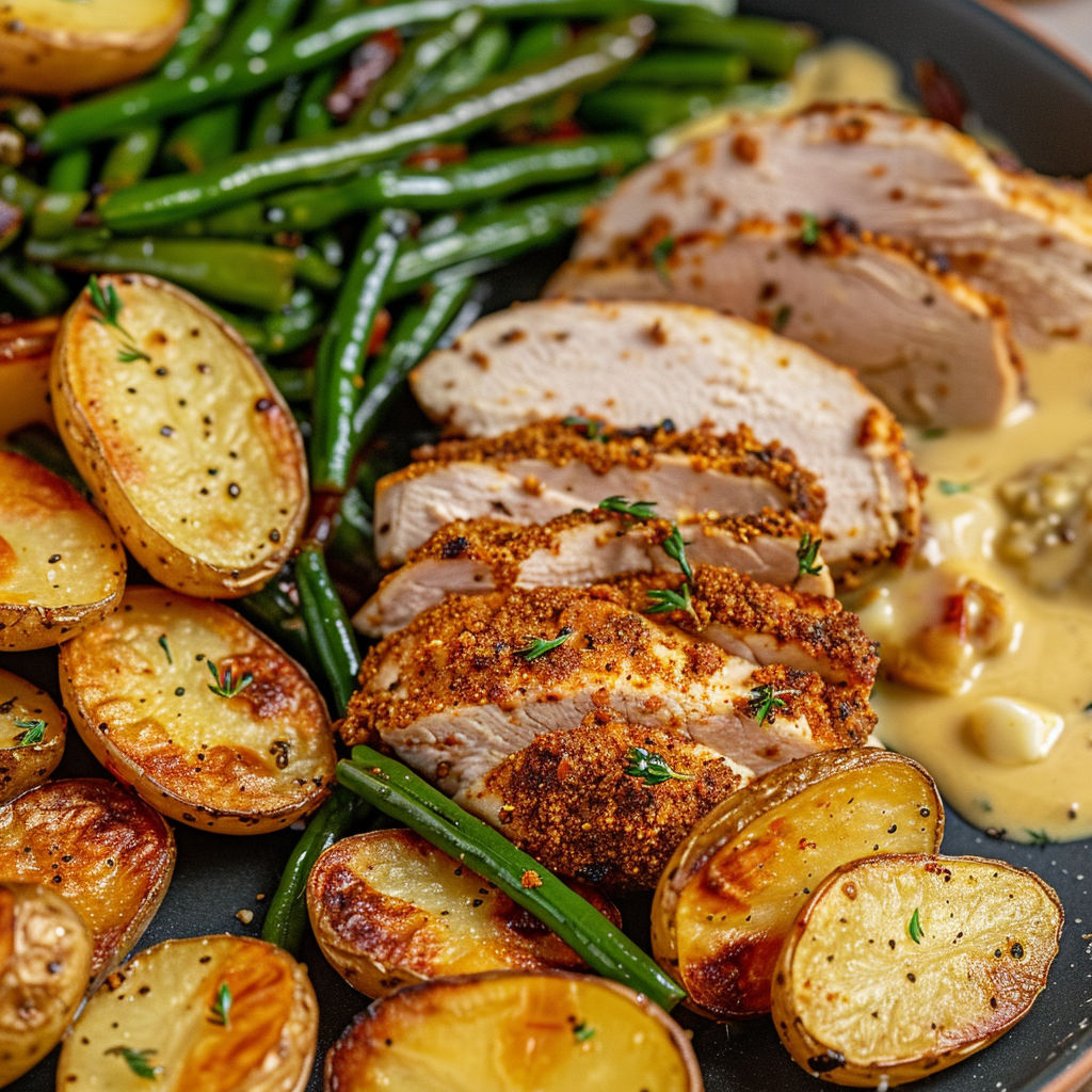 A plate of food with chicken, potatoes, and green beans.