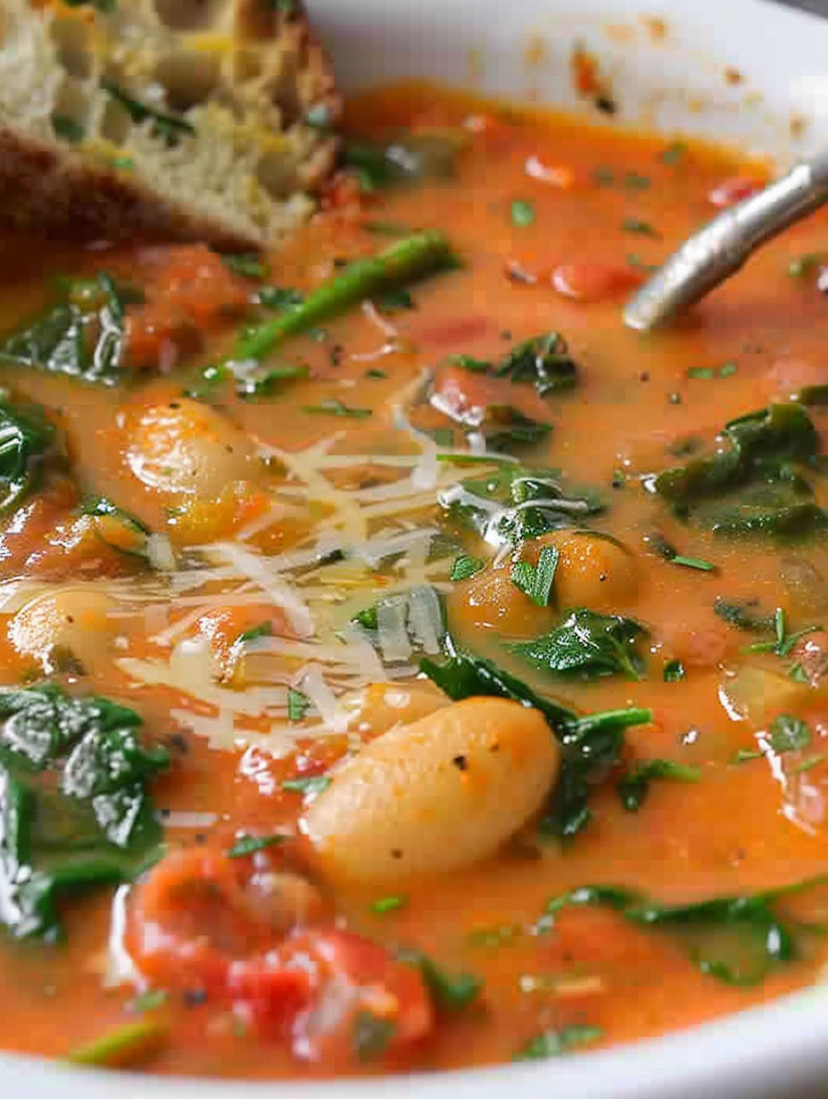 A close up of a bowl of soup with a spoon in it.