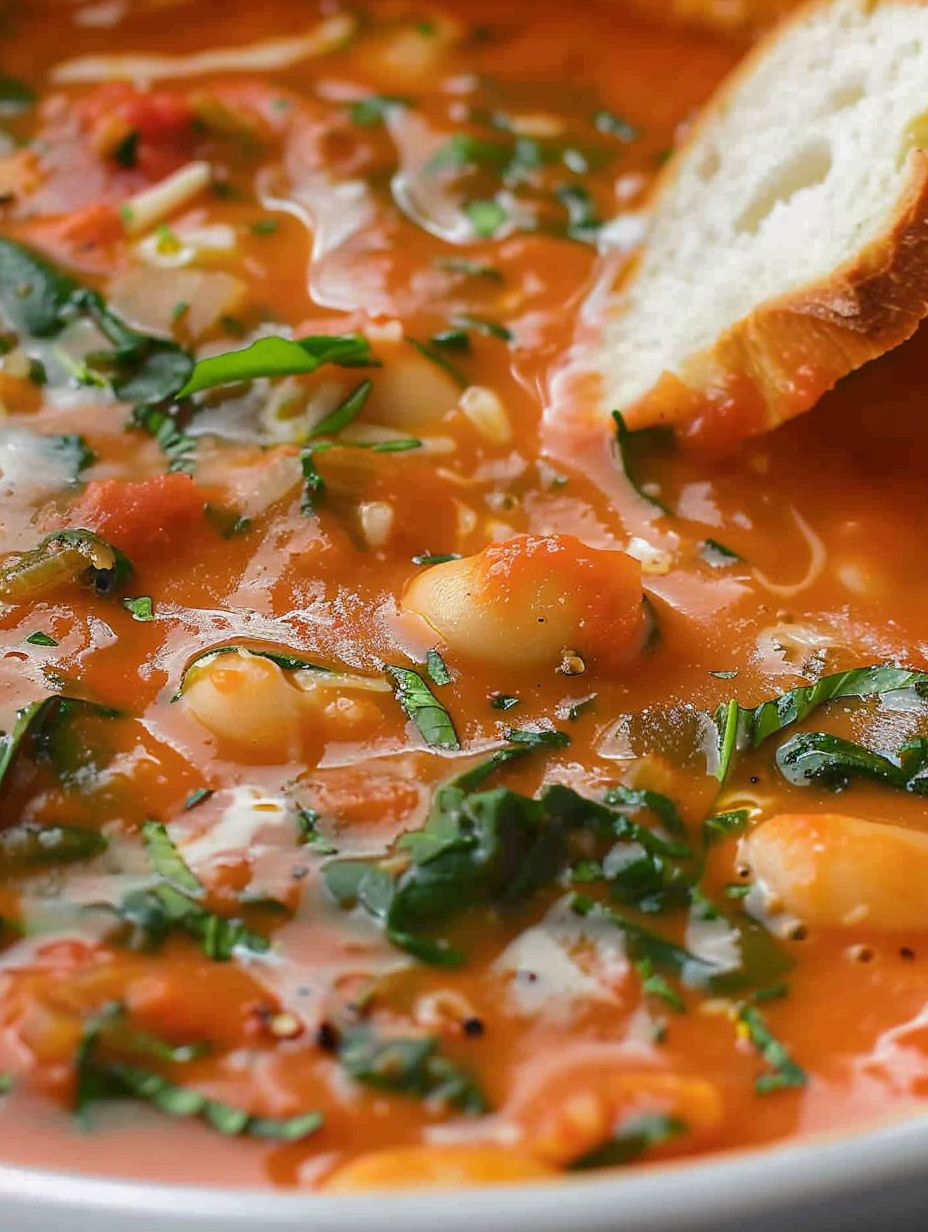 A close up of a bowl of soup with a piece of bread on top.