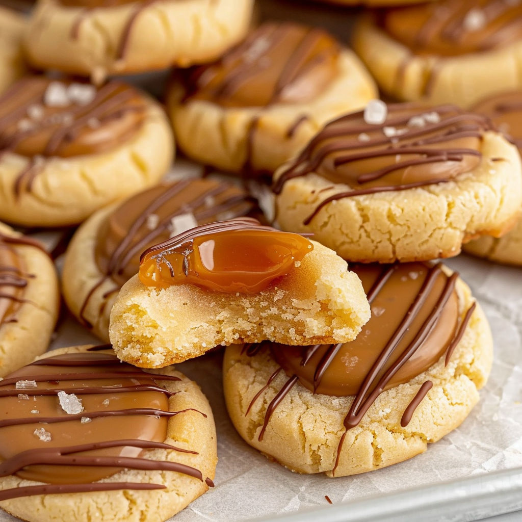 A close up of a Twix Thumbprint Cookie.