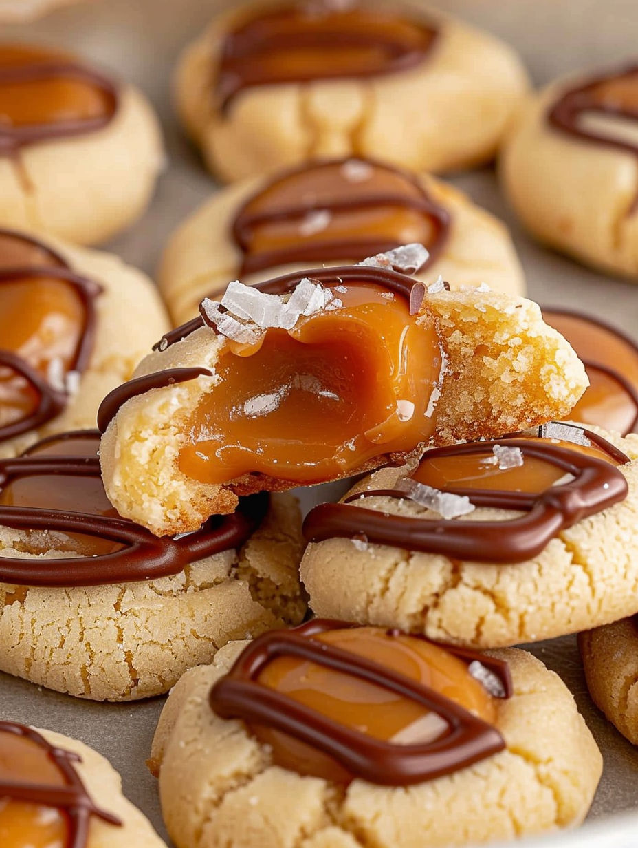 A cookie with chocolate drizzled on top.
