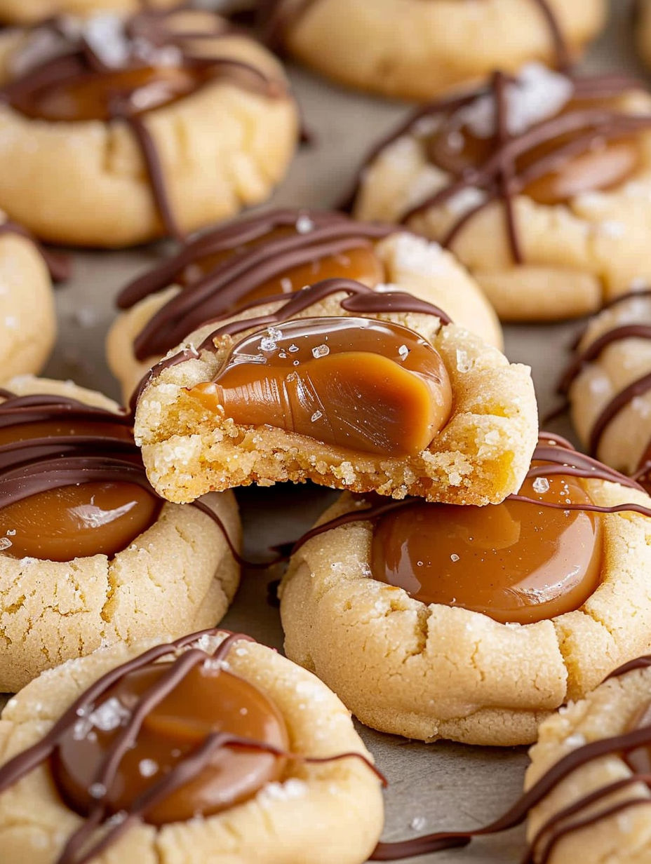 A close up of a cookie with caramel drizzled on top.