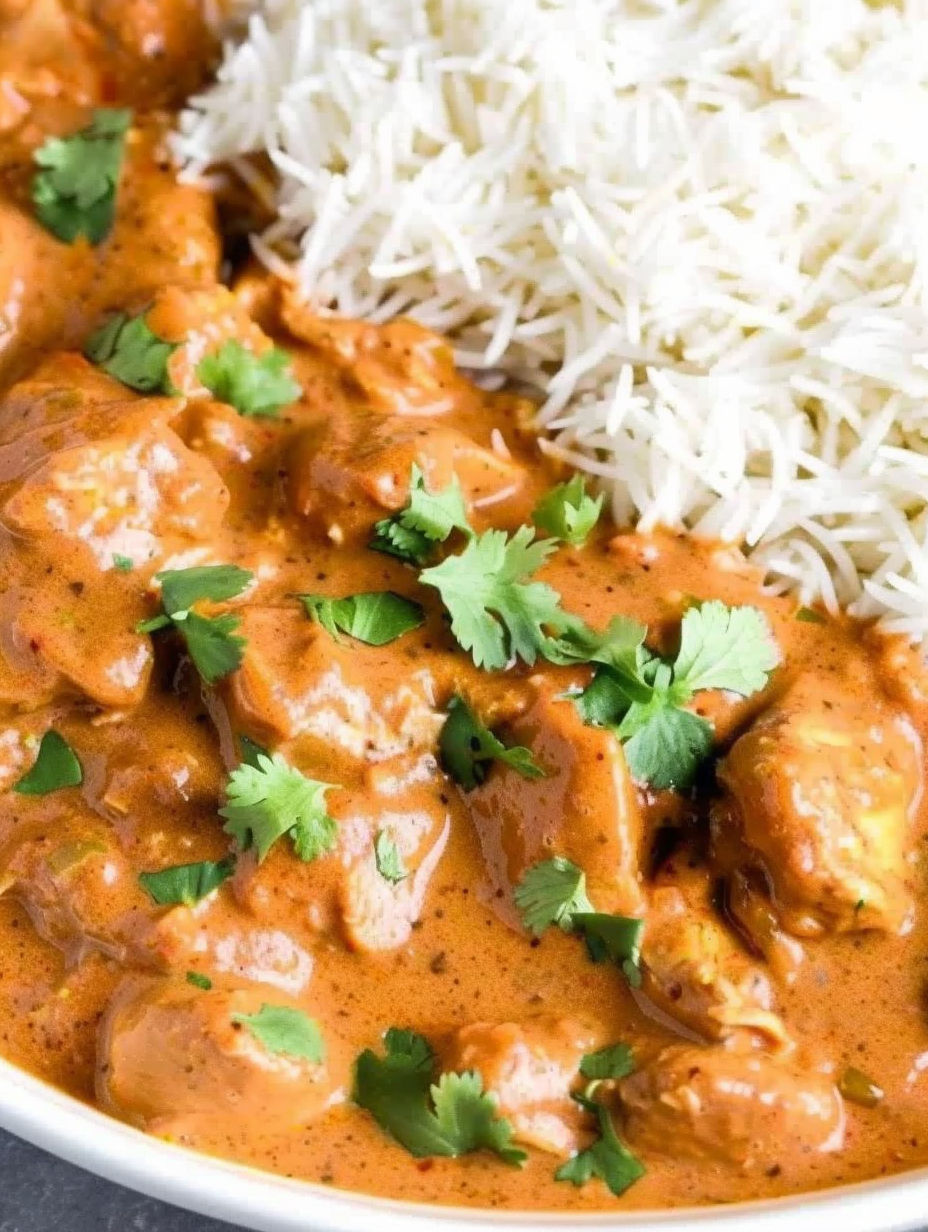 A bowl of slow cooker butter chicken with rice.