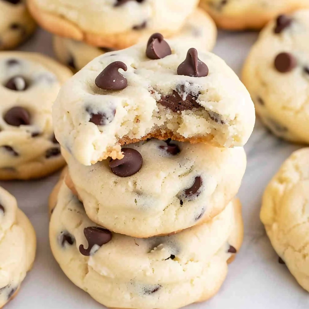 A stack of chocolate chip cheesecake cookies.