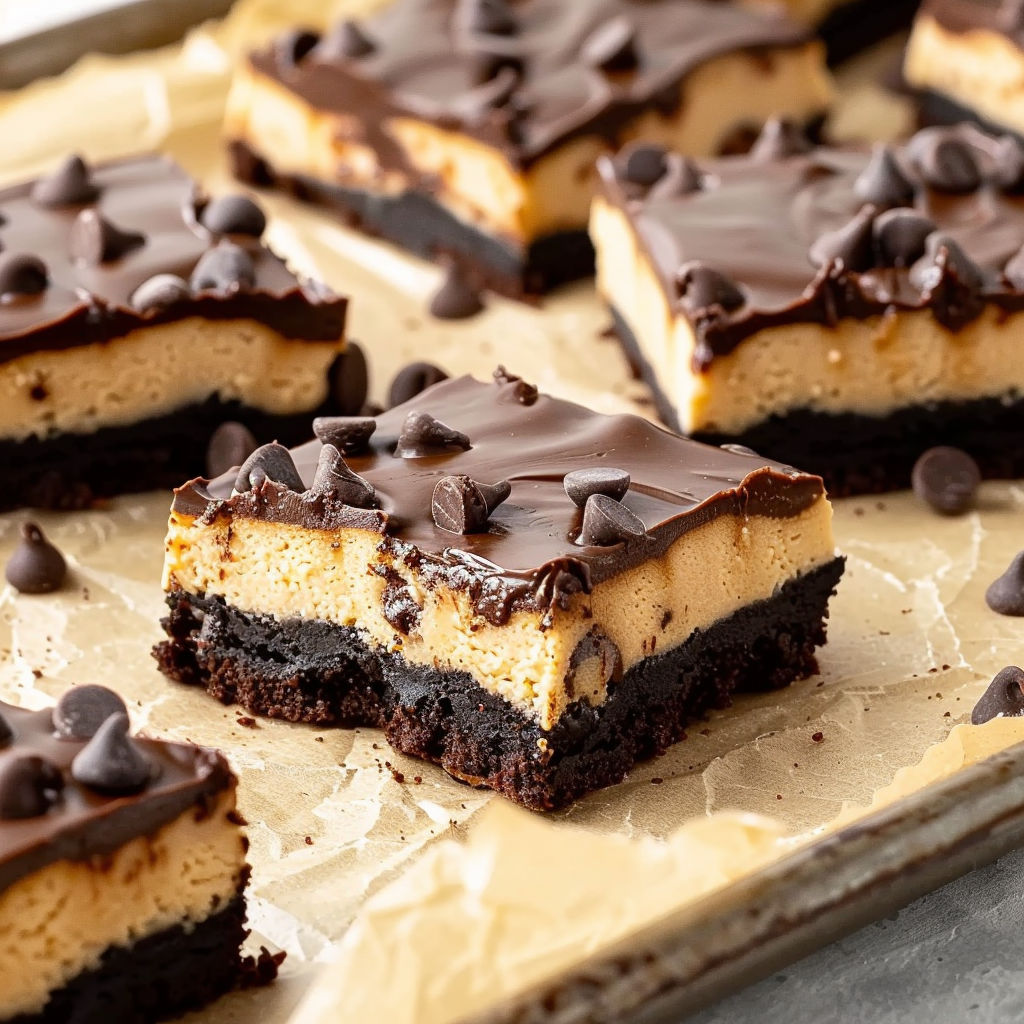 A close up of a chocolate and peanut butter buckeye brownie.