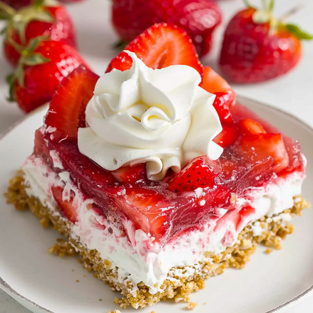 A slice of strawberry jello pretzel salad.
