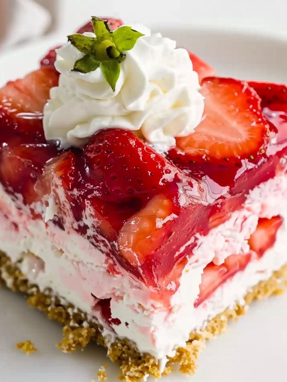 A slice of strawberry jello pretzel salad.