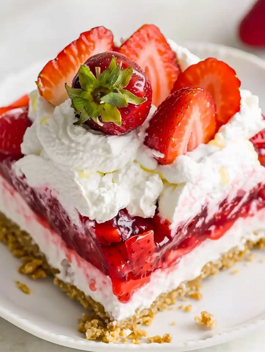 A slice of strawberry jello pretzel salad.