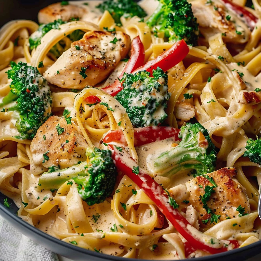 A bowl of pasta with chicken and broccoli.