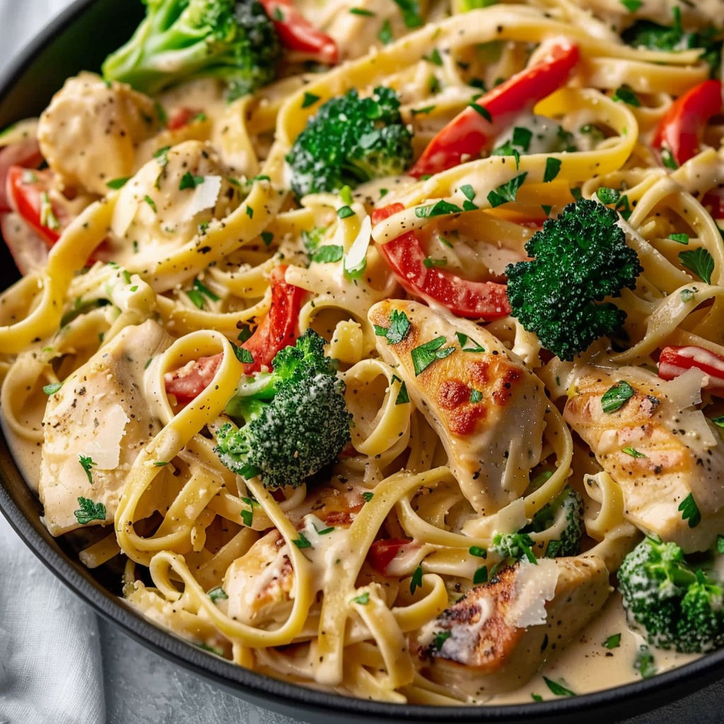 A bowl of pasta with chicken and broccoli.