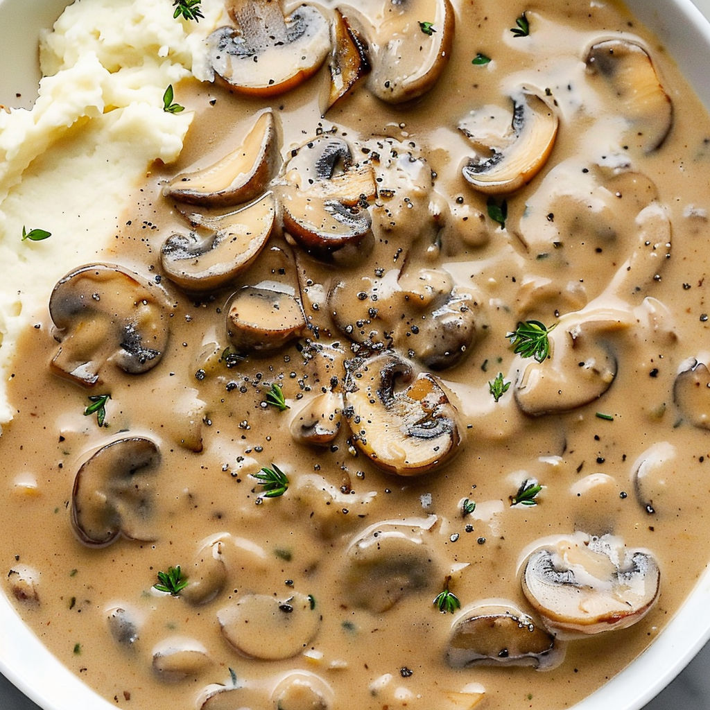 A bowl of creamy mushroom gravy.