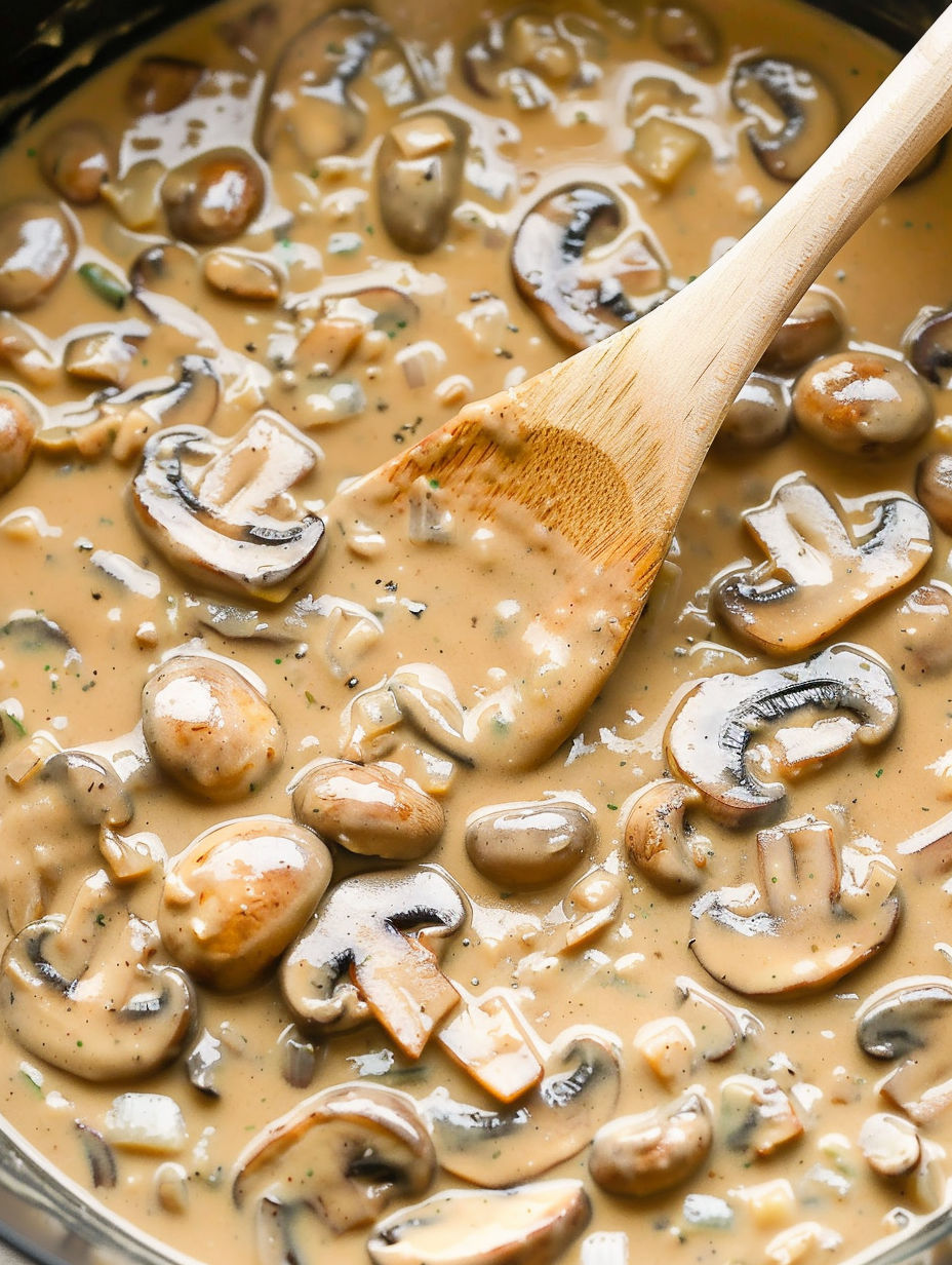 A wooden spoon in a creamy mushroom gravy.