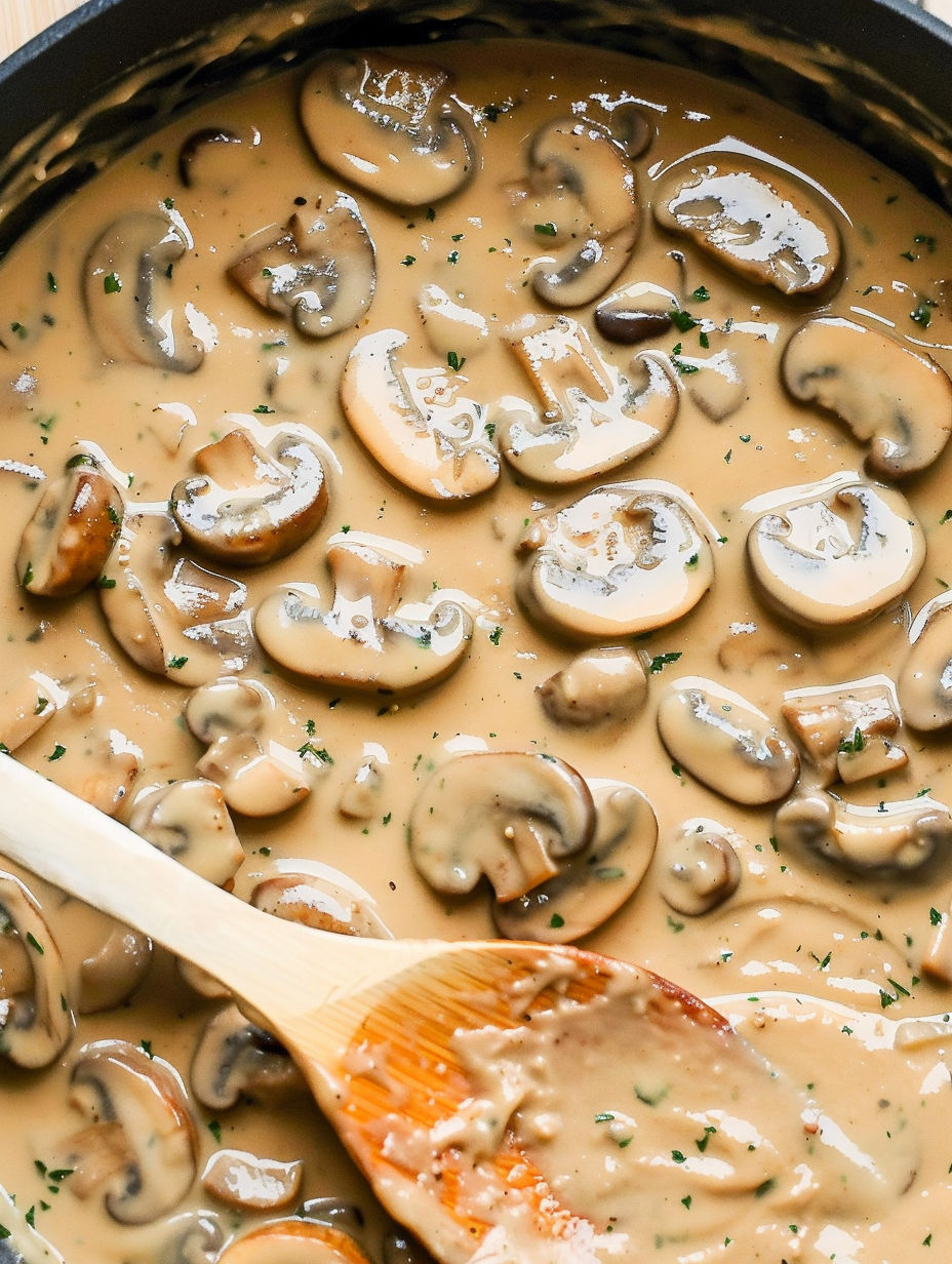 A wooden spoon in a creamy mushroom gravy.