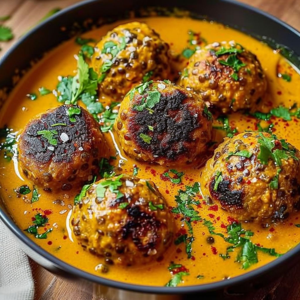 A bowl of linsenbällchen in a curry sauce.