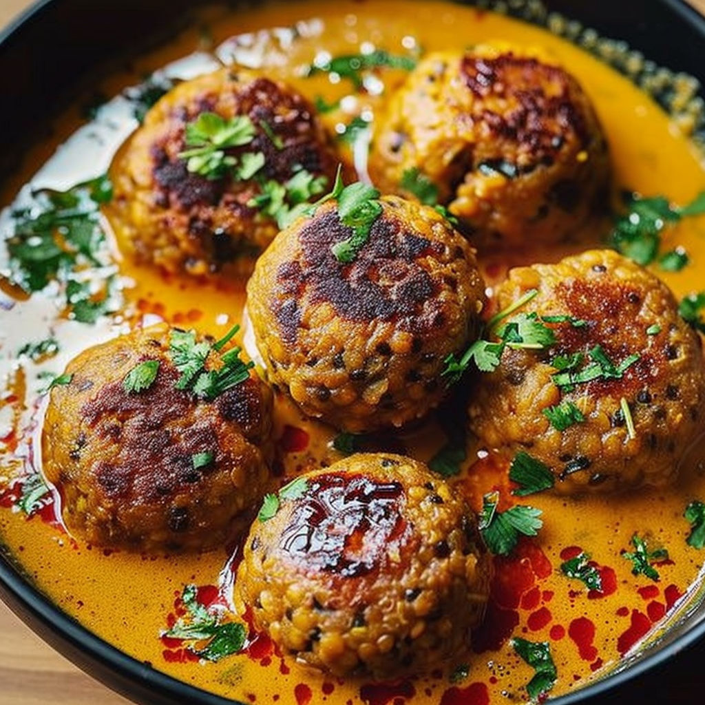 A bowl of linsenbällchen in a curry sauce.