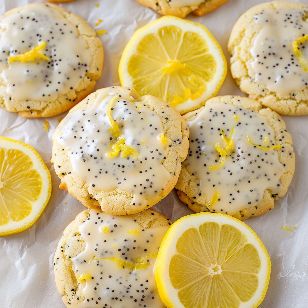 Lemon Poppy Seed Cookies with lemon wedges on top.