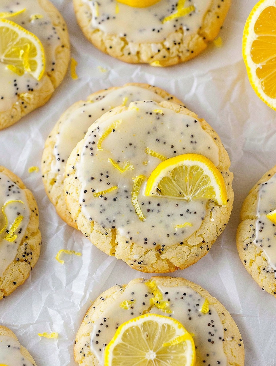 Lemon Poppy Seed Cookies with a slice of lemon on top.