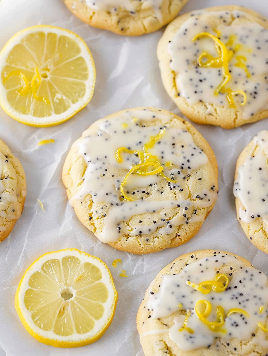 Lemon Poppy Seed Cookies with lemon wedges.