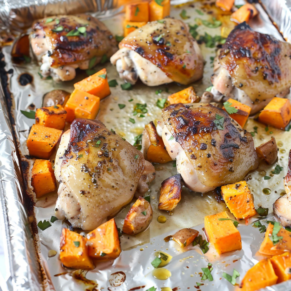 A pan of chicken thighs and sweet potatoes.