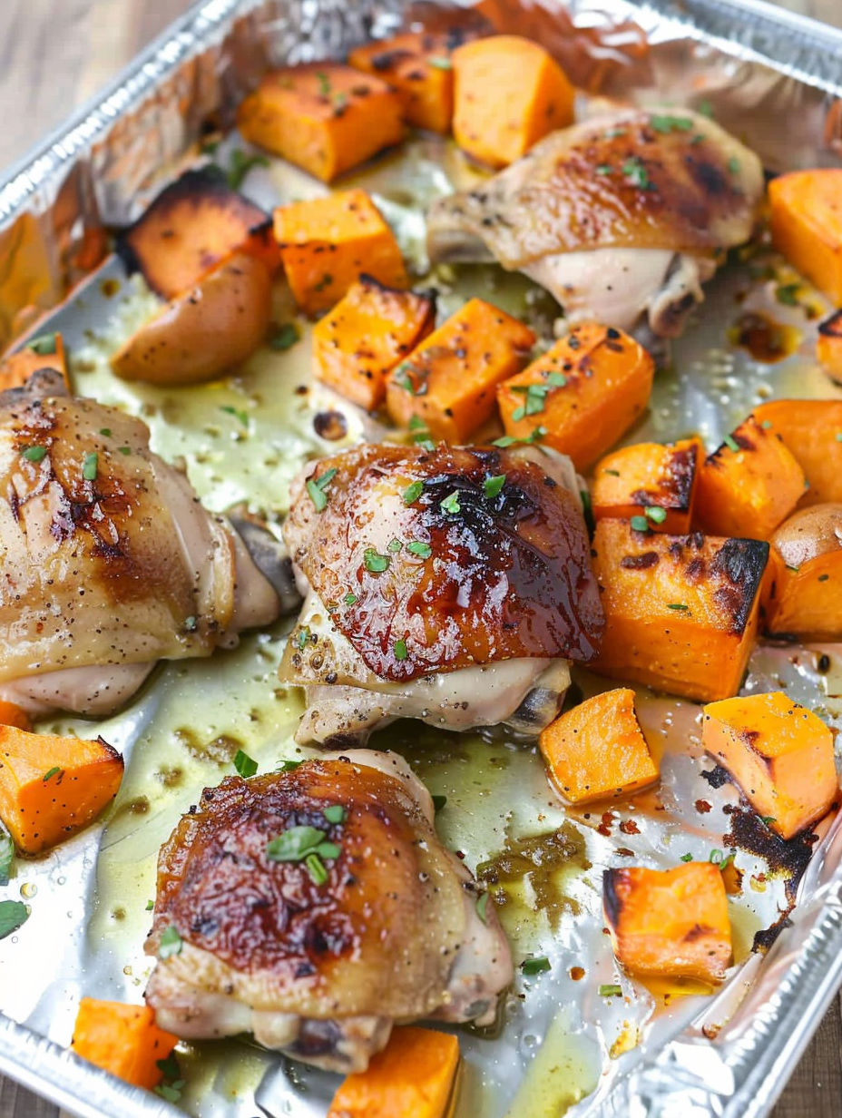 Chicken thighs with sweet potatoes and honey garlic sauce.