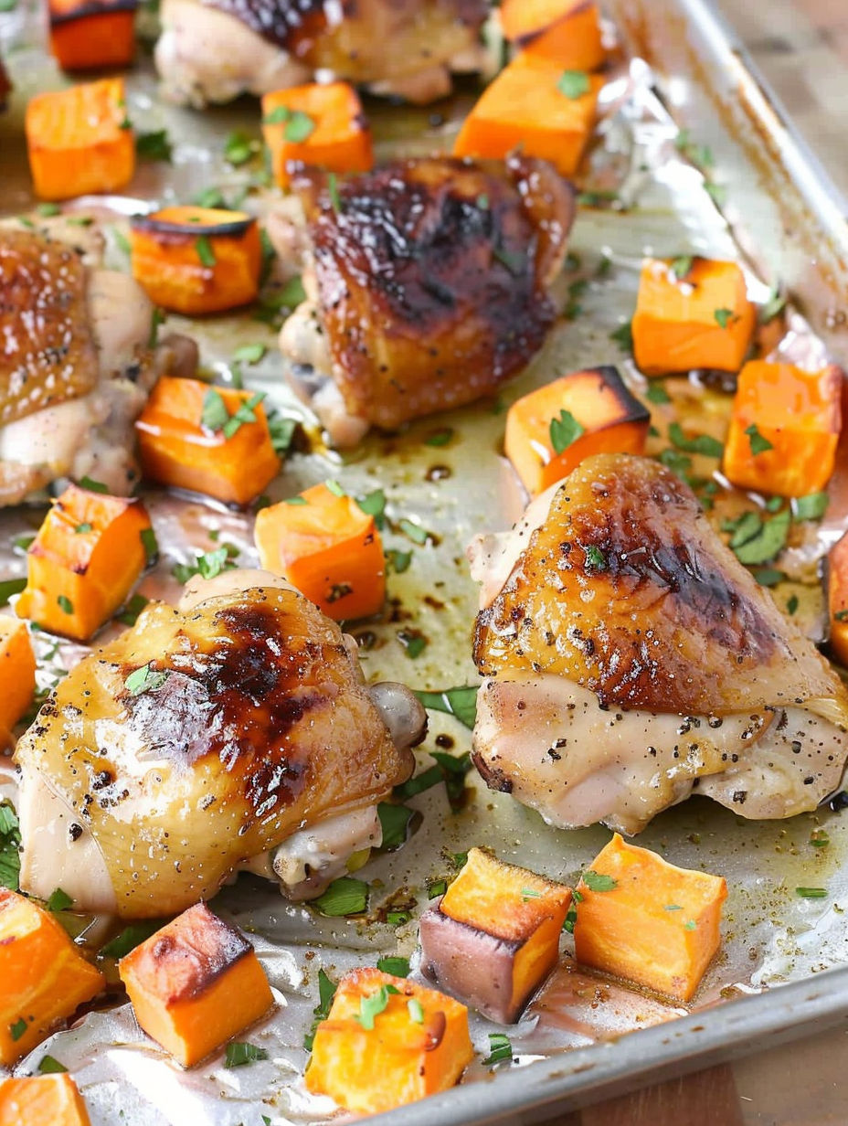 Chicken thighs with sweet potatoes and honey garlic sauce.