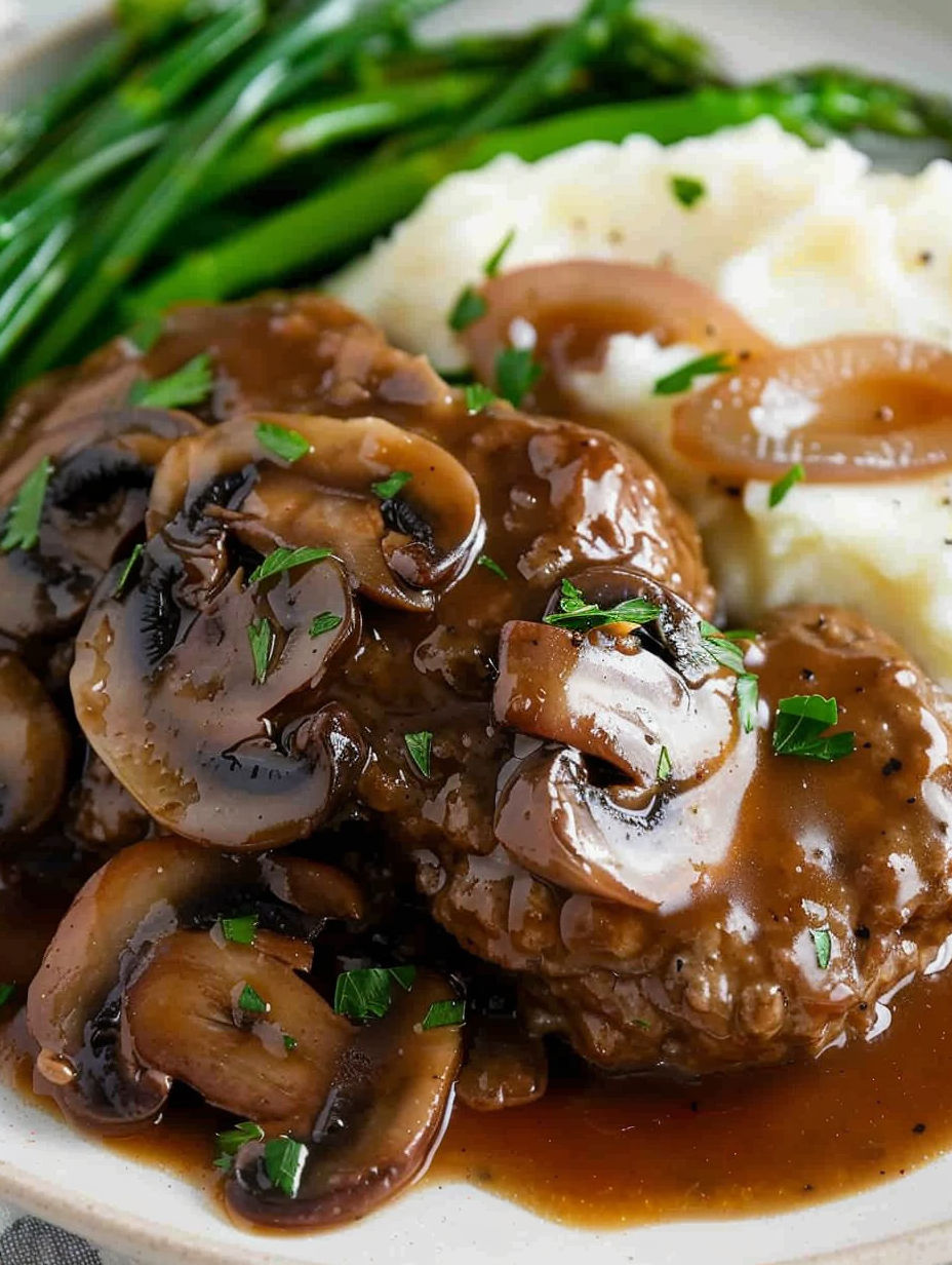 A delicious looking meal with mushrooms and potatoes.