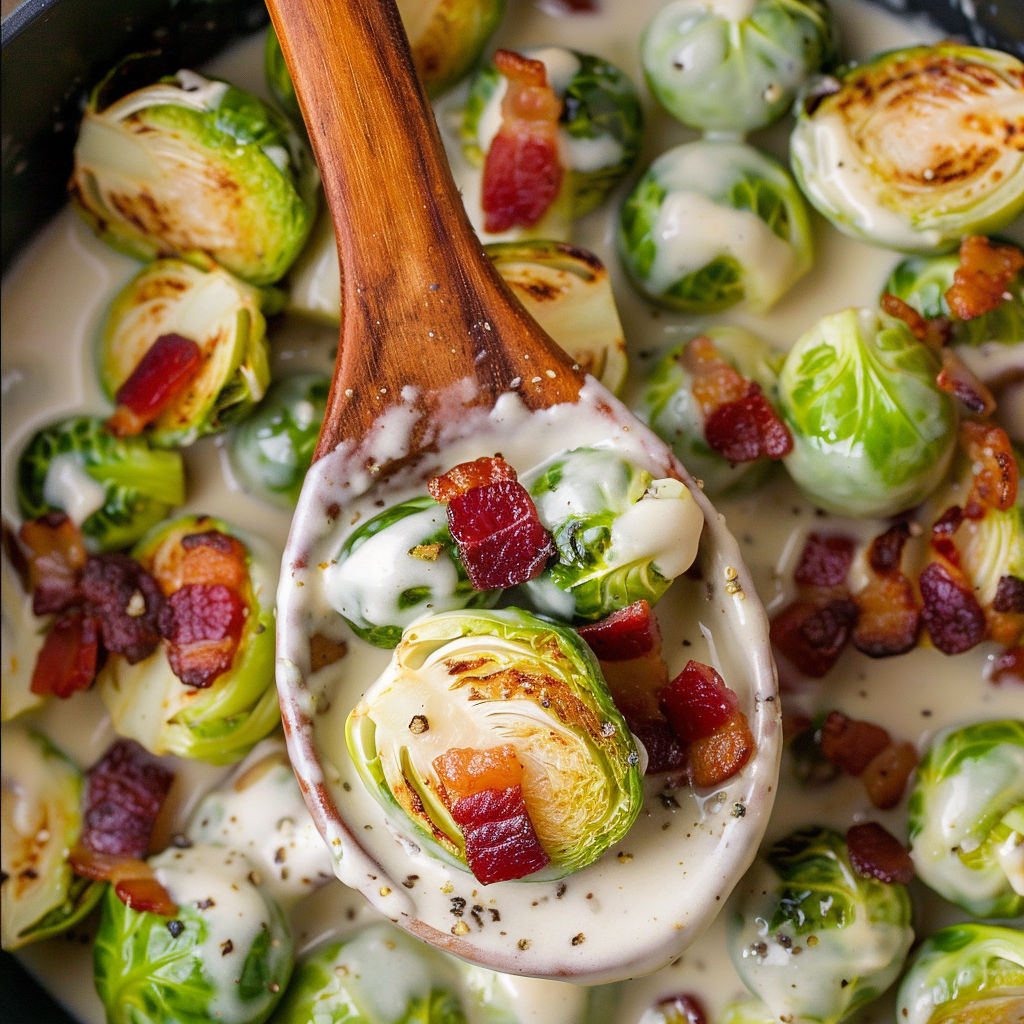 A wooden spoon is in a bowl of Brussels sprouts in Alfredo sauce.