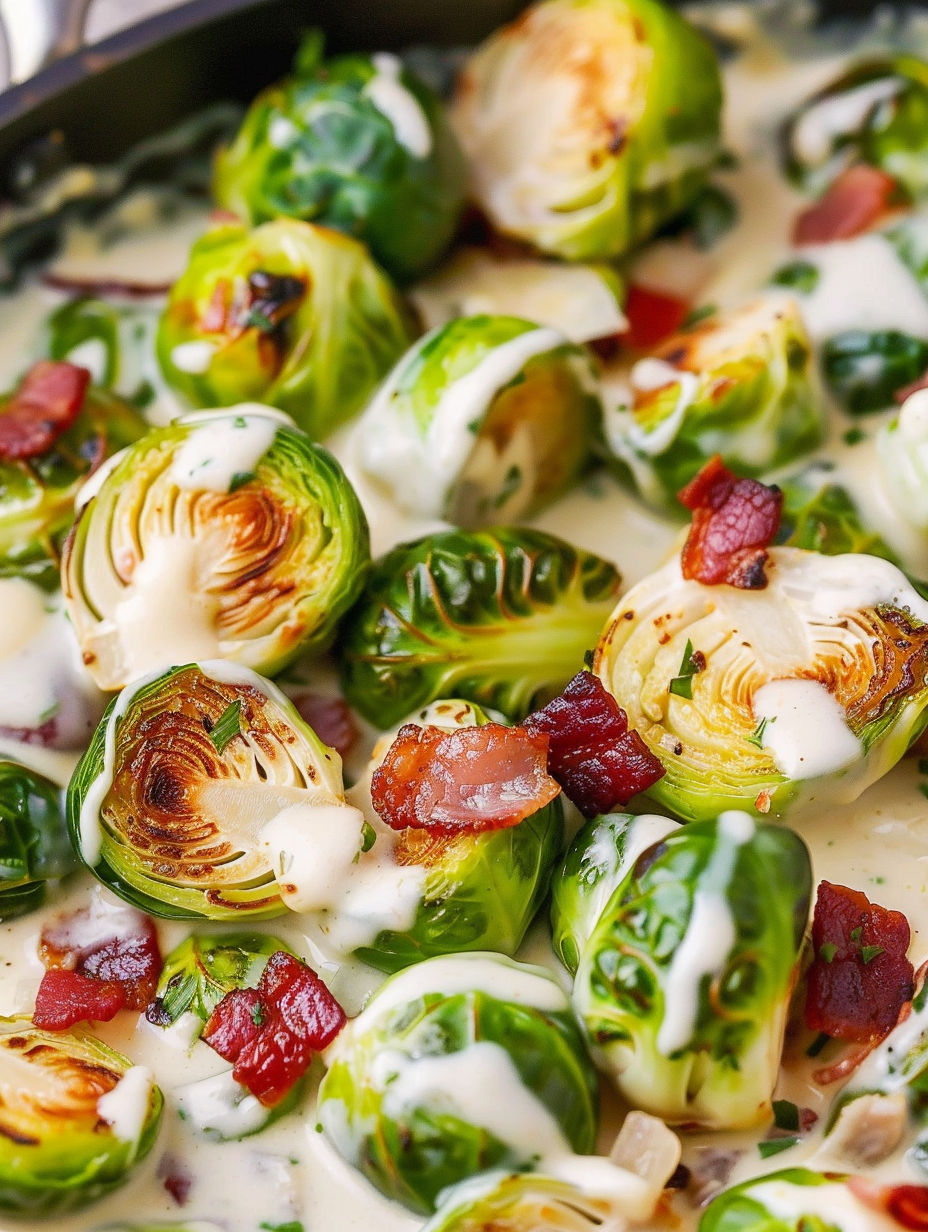 A plate of Brussels sprouts in Alfredo sauce.